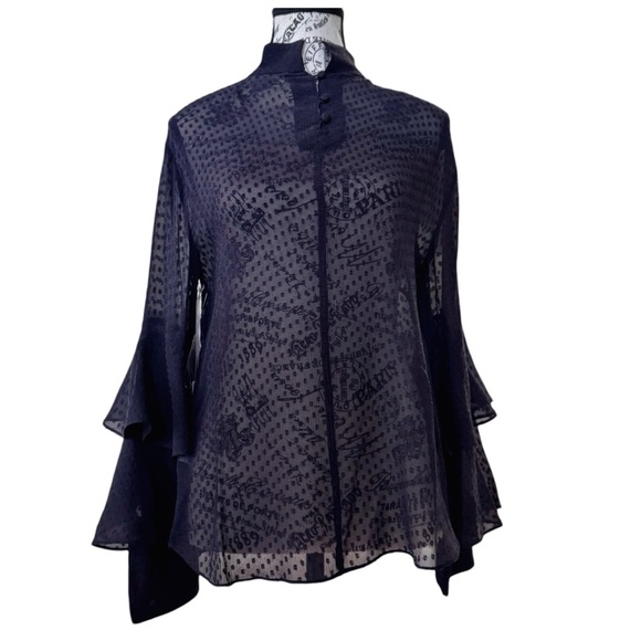Olivia Palermo x Chelsea Tops - Olivia Palermo x Chelsea Blouse w/ Bell Sleeves & Mandarin Collar. Navy. Medium